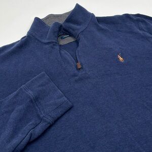 Polo Ralph Lauren Men's XL Blue Cotton Estate Rib Quarter Zip Pullover Sweater